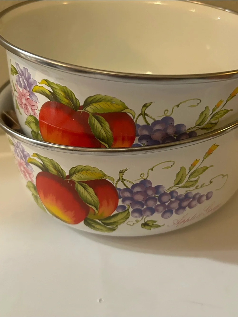 White Fruit-Pattern Enamel Mixing Bowls - Set of 2